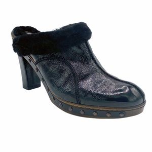 Aquatalia Yippy Patent Shearling Clog Heel SZ 9.5
